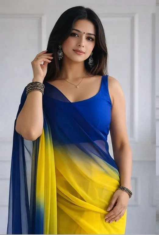 Blue–Yellow Ombre Designer Saree with Matching Blouse Piece