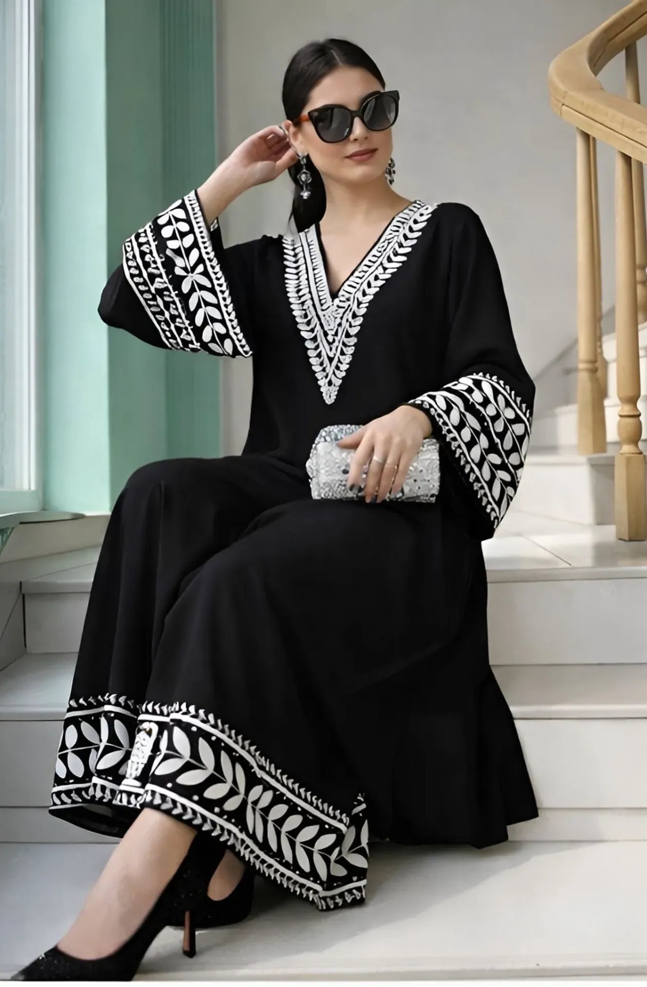Black Pearl Designer Kaftan Dress Kurta & Palazzo Set (M)
