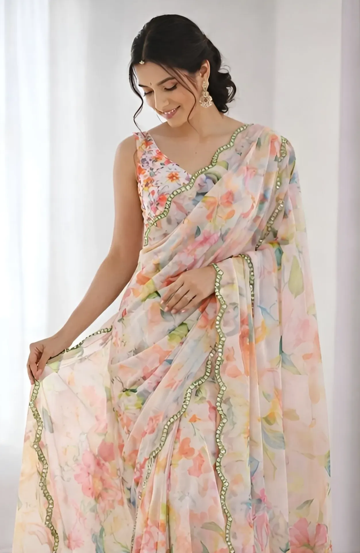 Pure Chinon Digital Print Saree with Mirror
Work Scallop Border